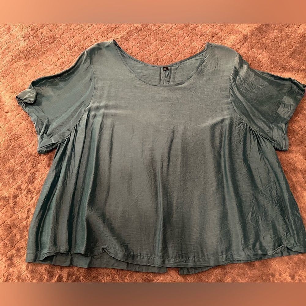 Teal Short Sleeve Silk Blouse  